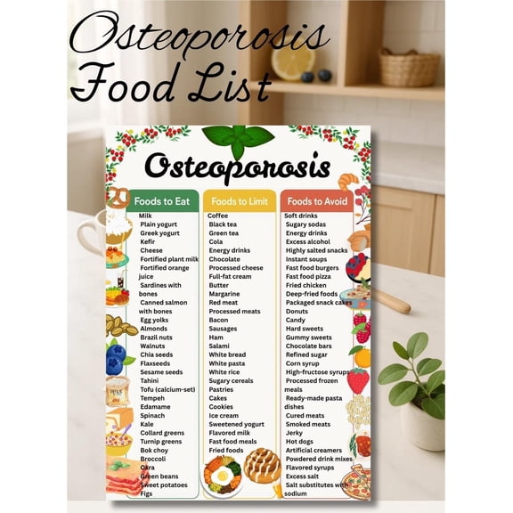 Osteoporosis Food List Poster, Osteoporosis Chart, Calcium Rich Food Poster, Bone Health And High-density Calcium Diet Chart, Osteoporosis Grocery List Poster