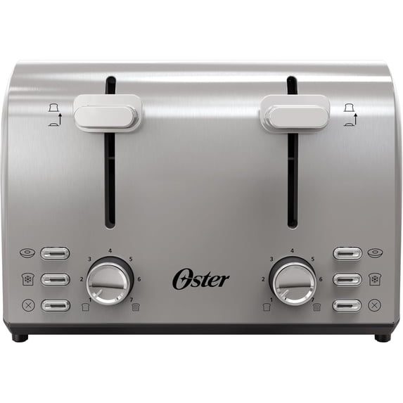 Oster 4 Slice Toaster, With 7 Browning Settings, Extra Wide Slots For Bagels and Special Breads, Removable Easy-to-Clean Crumb Tray, Cancel/Defrost/Bagel, Stainless Steel