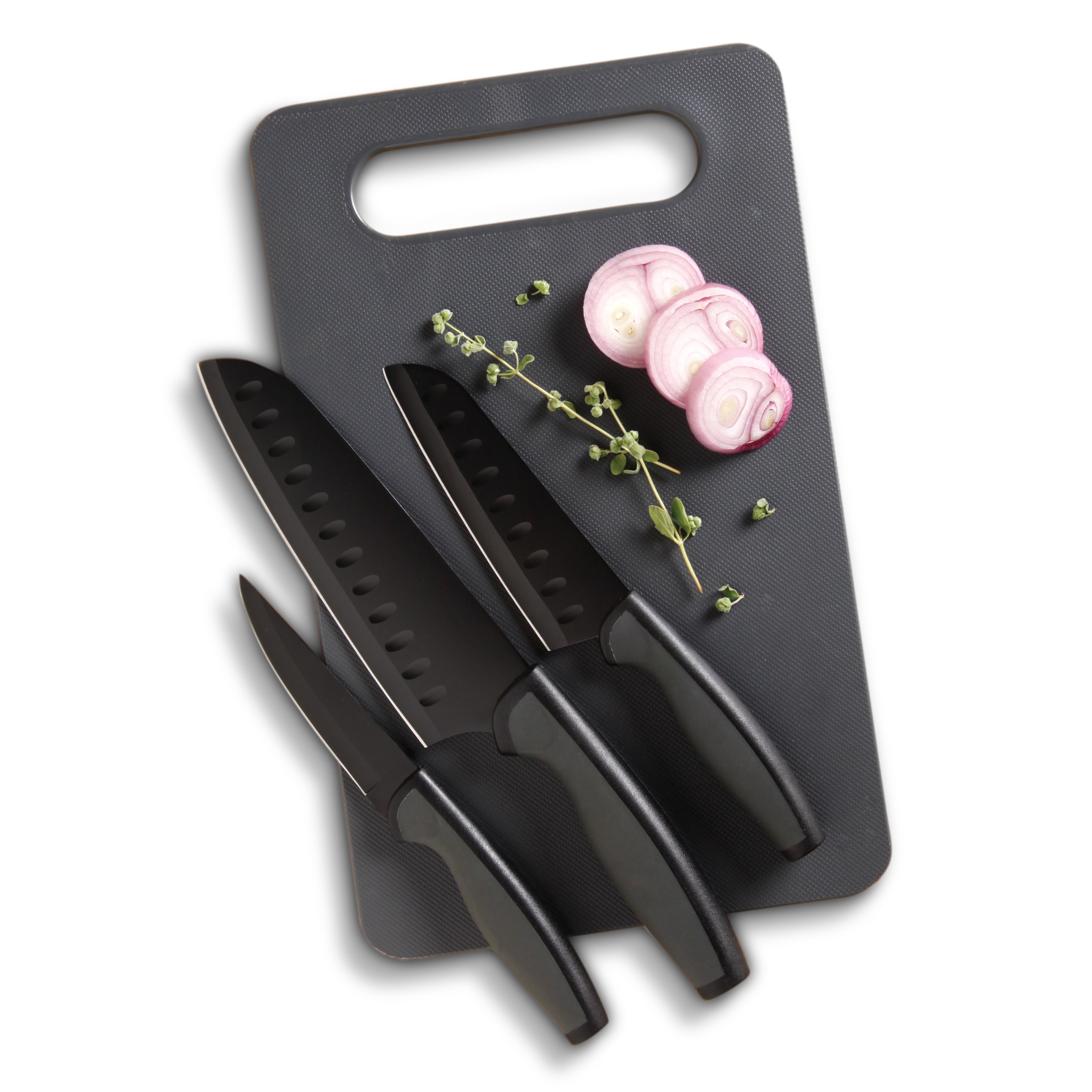 Black Polycarbonate Handle Stainless Steel Knife Set with Cutting Board