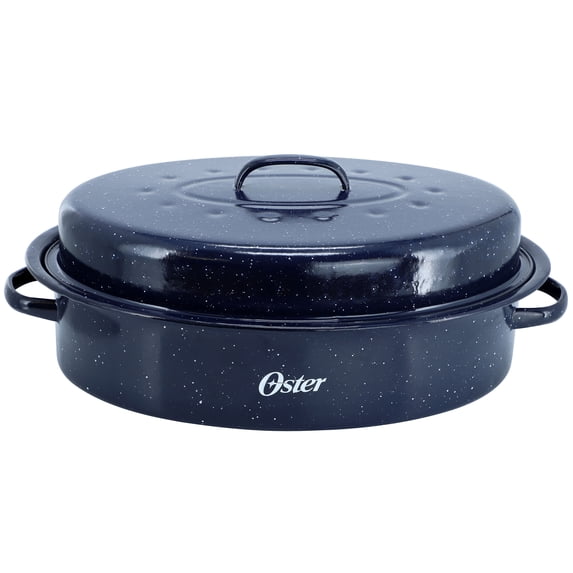Oster Castillo 16.5 x 13 Inch Enamel on Steel Roaster Pan with Lid in Navy Blue