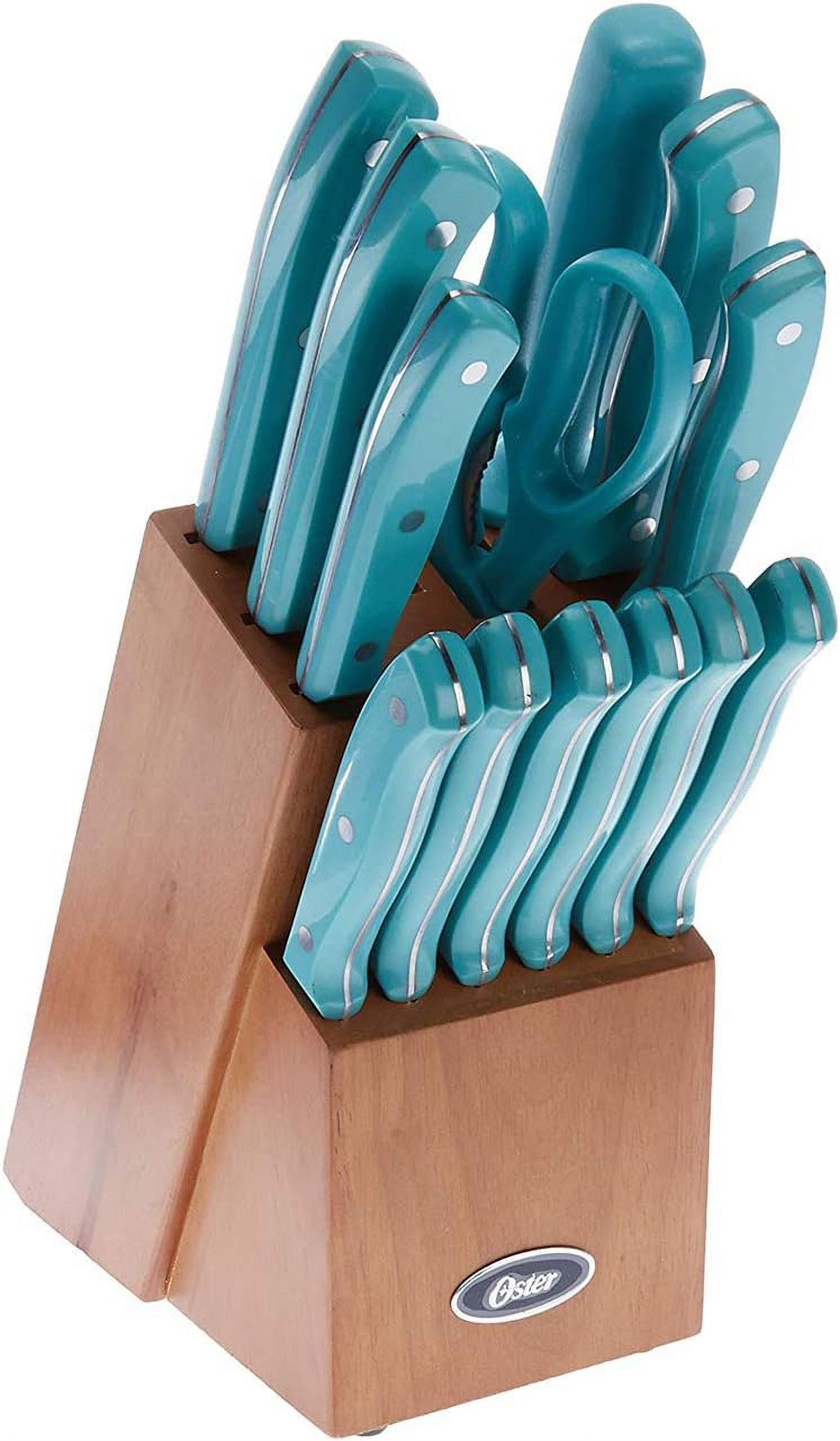 Oster Evansville 14 Piece Cutlery Set, Stainless Steel with Turquoise