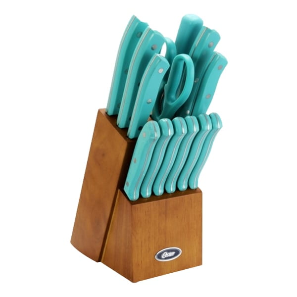 Evansville 14-Piece Stainless Steel Cutlery Set with Turquoise Handles and Wood Block