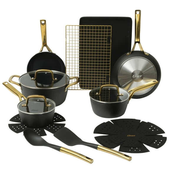Oster Premium Abborttsford 16 Piece Aluminum Pots and Pans PFA Free Ceramic Non stick Induction Cookware Set - Black W/ Gold