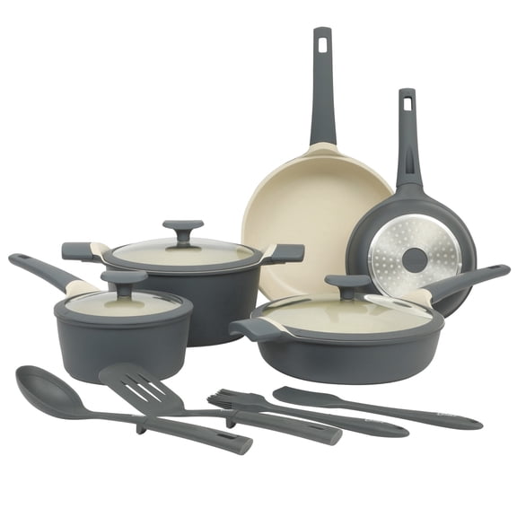 Oster Premium Rooney 12 Piece Cast Aluminum Pots and Pans PFA Free Ceramic Non stick Induction Kitchen Cookware Set - Grey