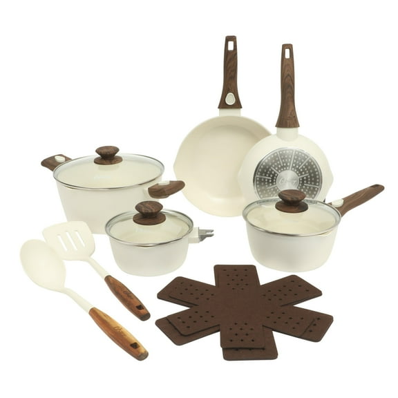 Oster SmartHandle Advance 18-Piece Ceramic Nonstick Cookware Set – Matte Linen Finish, Detachable Wood-Look Handles, With Utensils & Pan Protectors