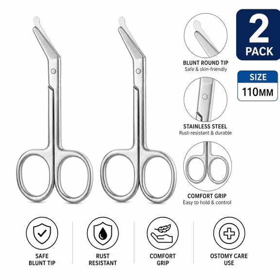 Ostomy Bag Scissor-Stoma Pouch Shear with Blunt Round Tip for Colostomy Ileostomy Care, Stainless Steel, 4.4Inch L, 2Pcs