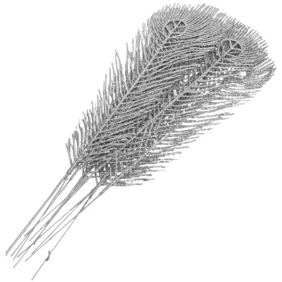 Raindrops Silver Glitter Plastic Peacock Plumes for Festive Vase Decoration 12Pcs