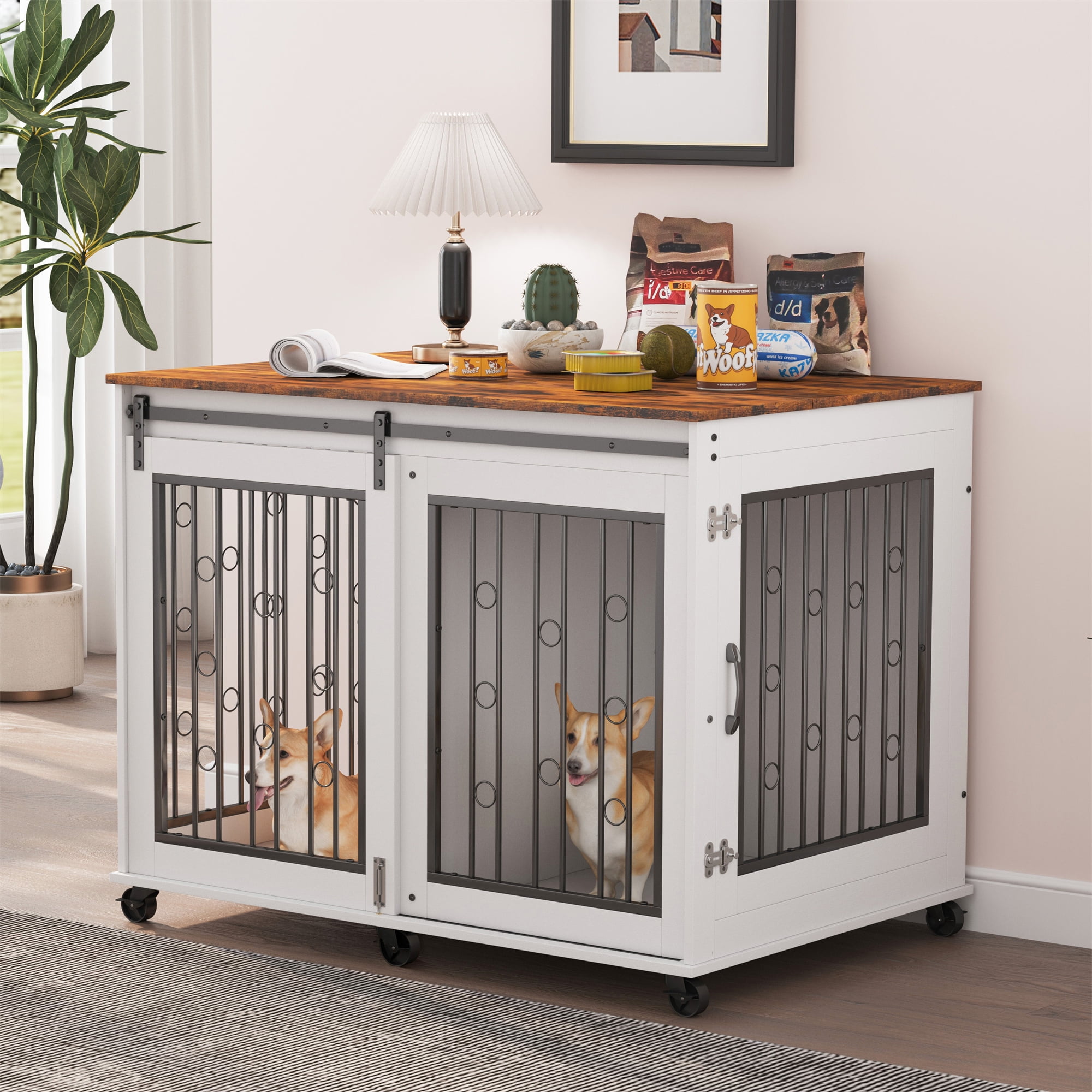 Ostreici 44" AntiBite Furniture Style Dog Crate Sliding Barn Door, Dog