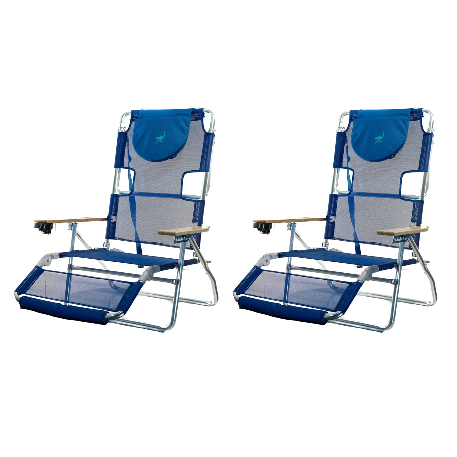 Blue Aluminum Frame Folding Beach Lounger with Wooden Armrests