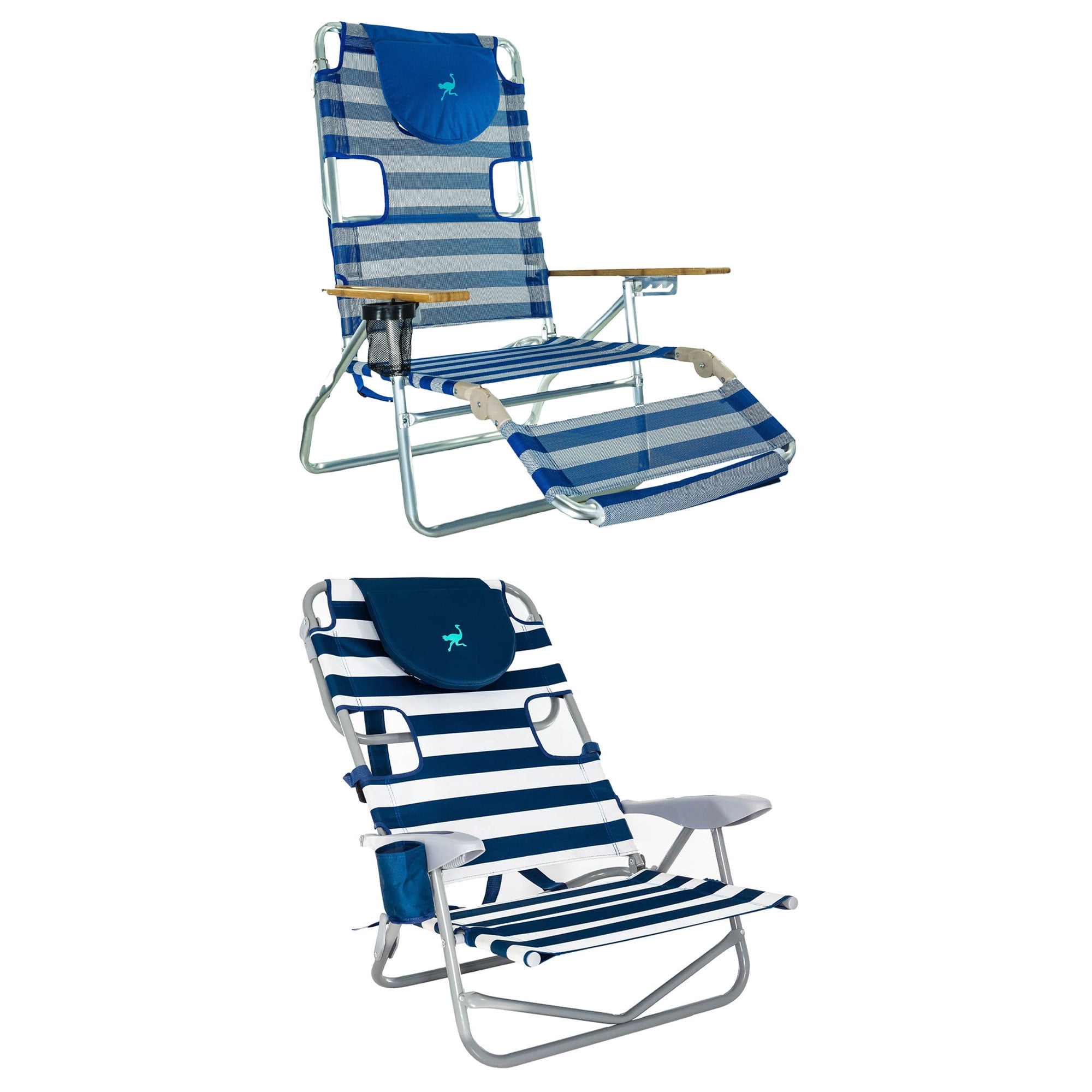 Ostrich 3N1 Reclining Beach Chair On Your Back Beach Chair Striped Blue