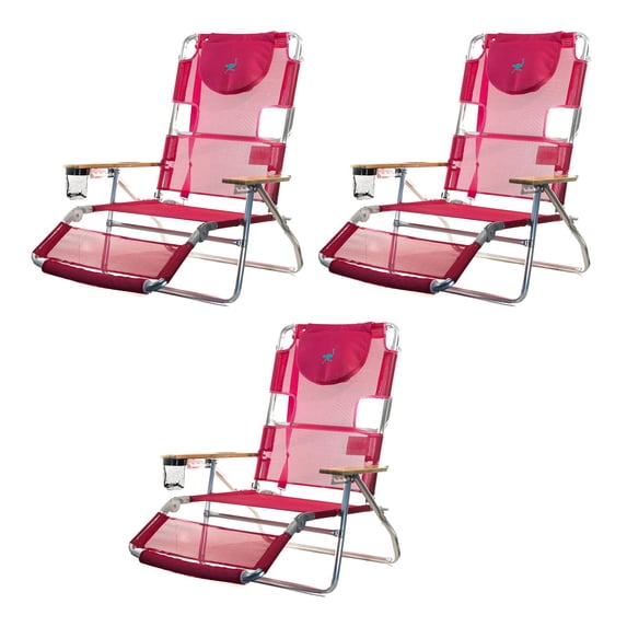 Ostrich Altitude 3 in 1 16-Inch Lounge Reclining Beach Chair, Pink (3 Pack)