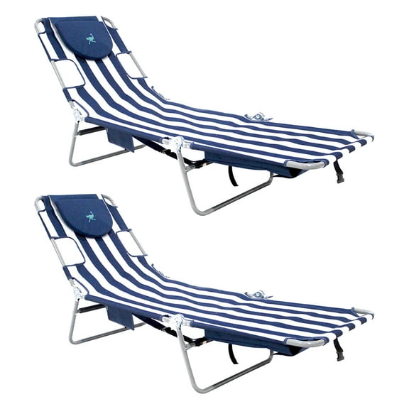 Ostrich Backpack Chaise Lounge Chair with Storage Bag, Navy Stripe (2 Pack)