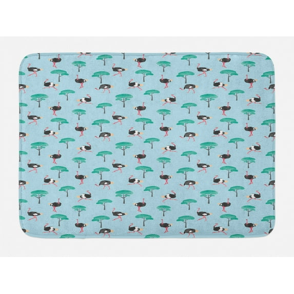 Ostrich Bath Mat, Repetitive Pattern of Watercolor Style Trees and Long Legged Animal, Plush Bathroom Decor Mat with Non Slip Backing, 29.5" X 17.5", Pale Blue and Multicolor, by Ambesonne
