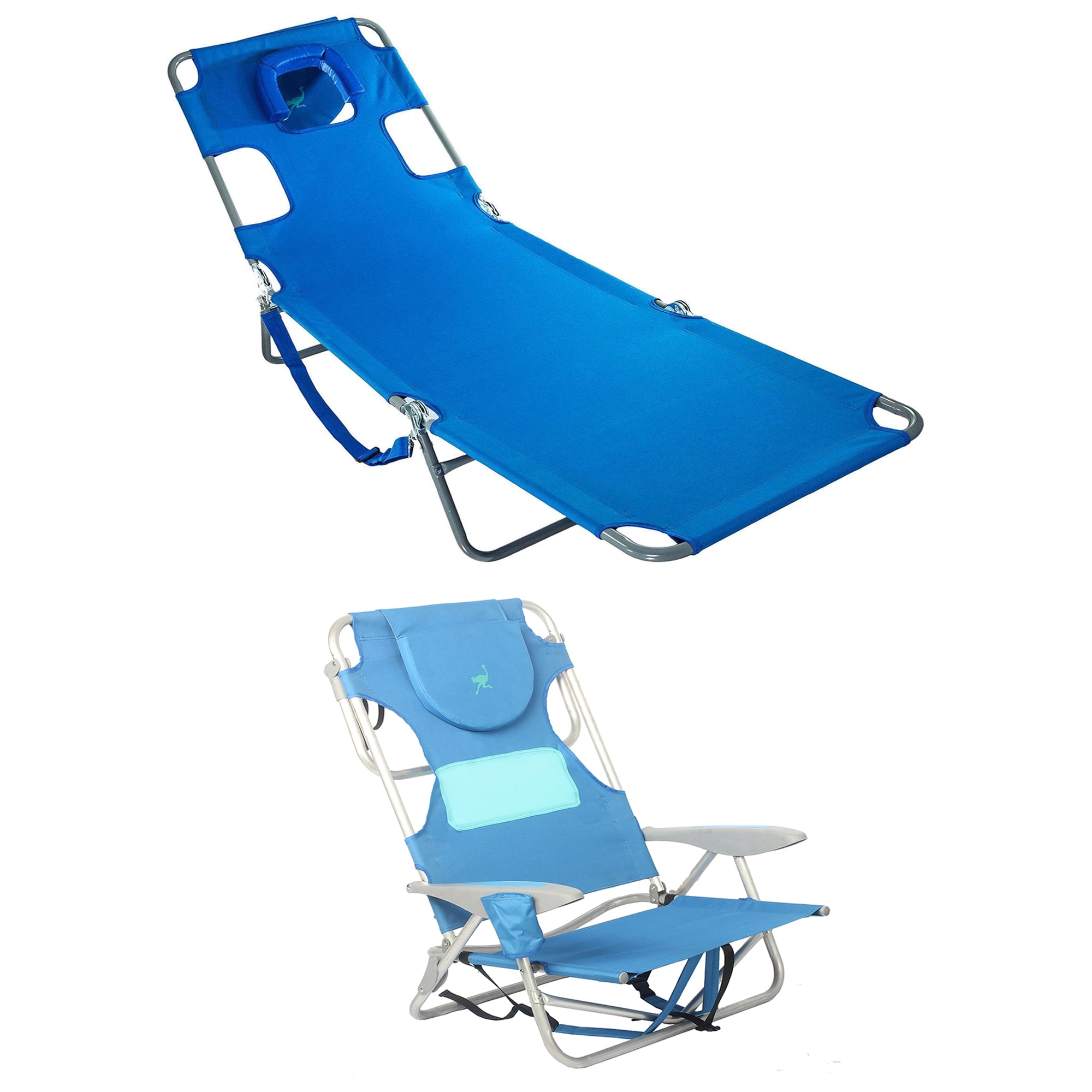 Blue Adjustable Folding Beach Chaise Lounger with Cushions