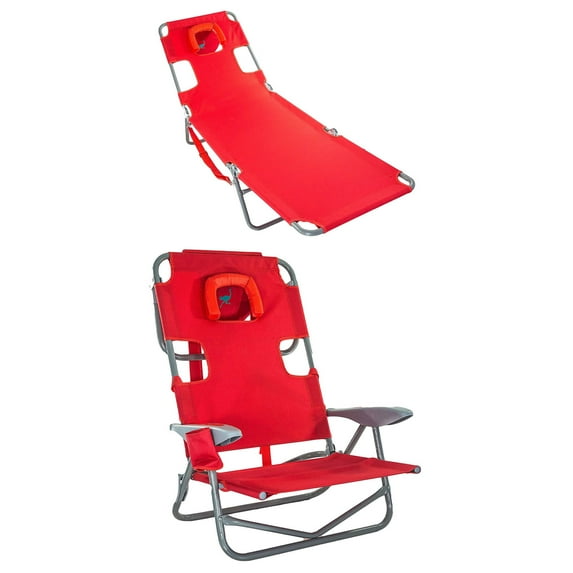 Ostrich Chaise Folding Beach Lounger & On Your Back Reclining Chair, Red