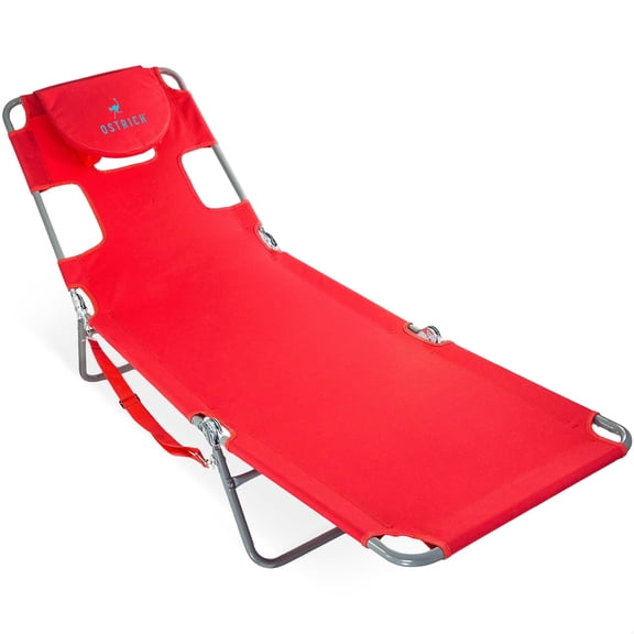 Ostrich The Original Chaise Beach Lounge Chair, Folding & Reclining Outdoor Lounger, Red