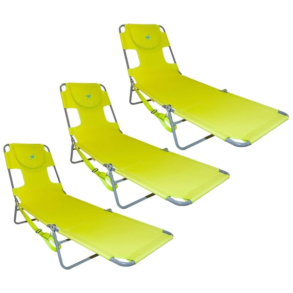 Ostrich Chaise Lounge Foldable Sunbathing Beach Chair, Neon Green (3 Pack)