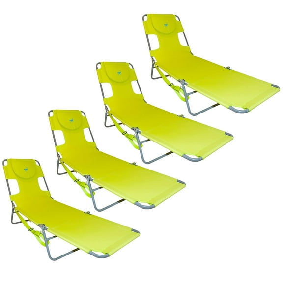 Ostrich Chaise Lounge Foldable Sunbathing Beach Chair, Neon Green (4 Pack)