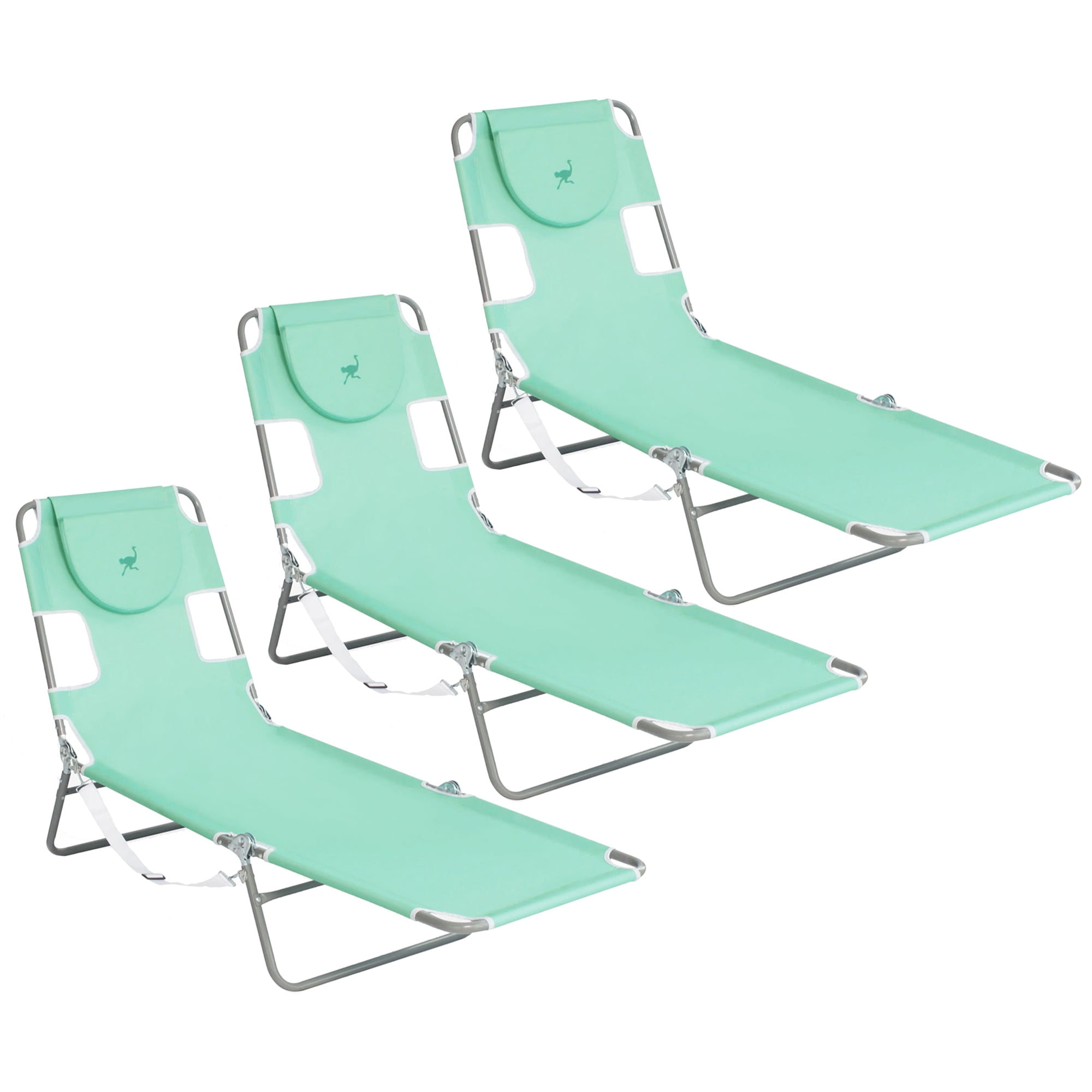 Teal 4-Position Folding Chaise Lounge Chairs with Arms, 3-Pack