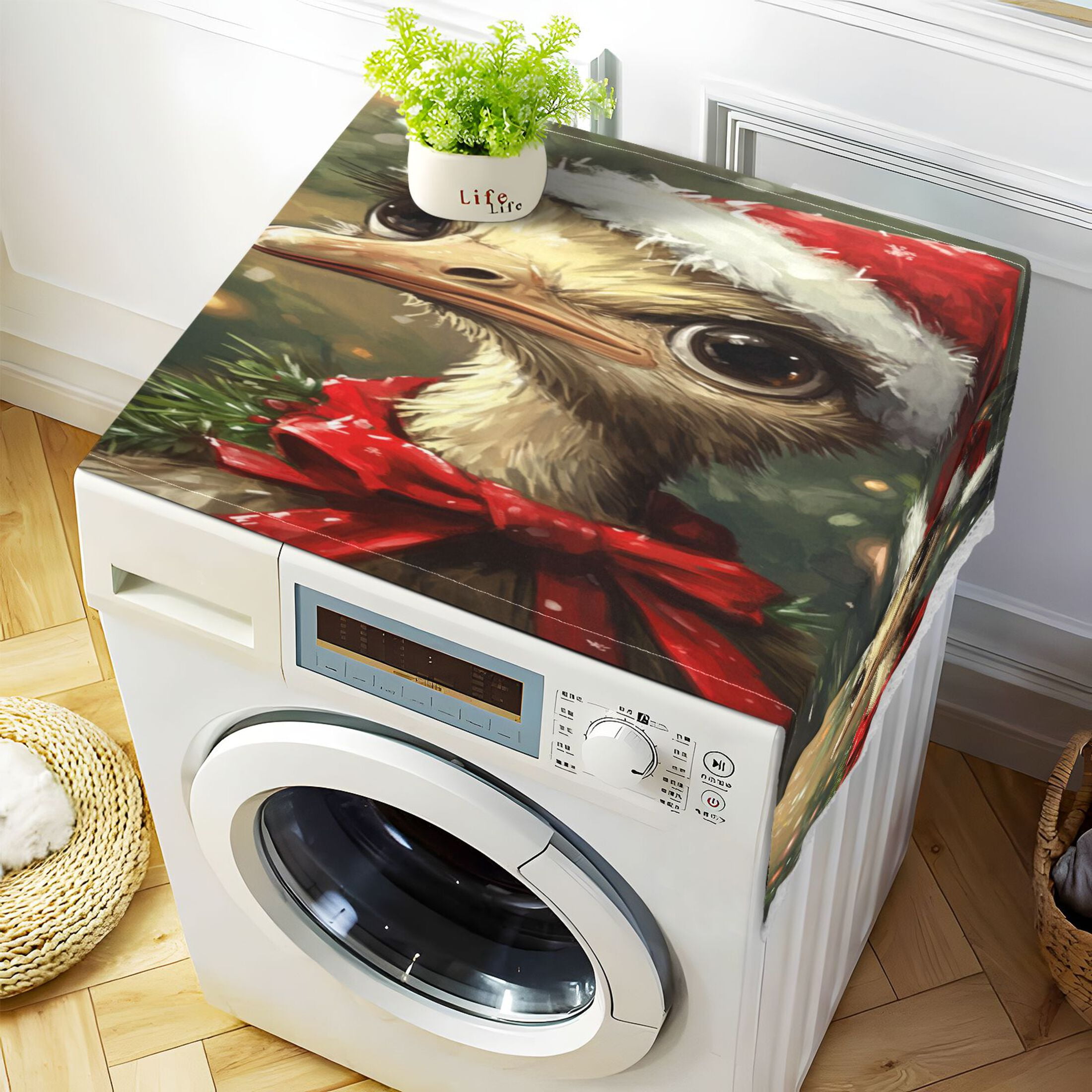 Ostrich with Christmas ElementsWasher and Dryer Covers Dust-Proof and Oil Resistant Fridge Cover with 4 Storage Pockets Washing Machine Top Cover for Laundry Kitchen Home 51.2 x 22 In