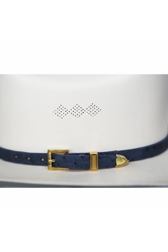 Ostrich Cowboy Hat Band Blue Gold Plated 3 Piece Buckle Set Handmade 26