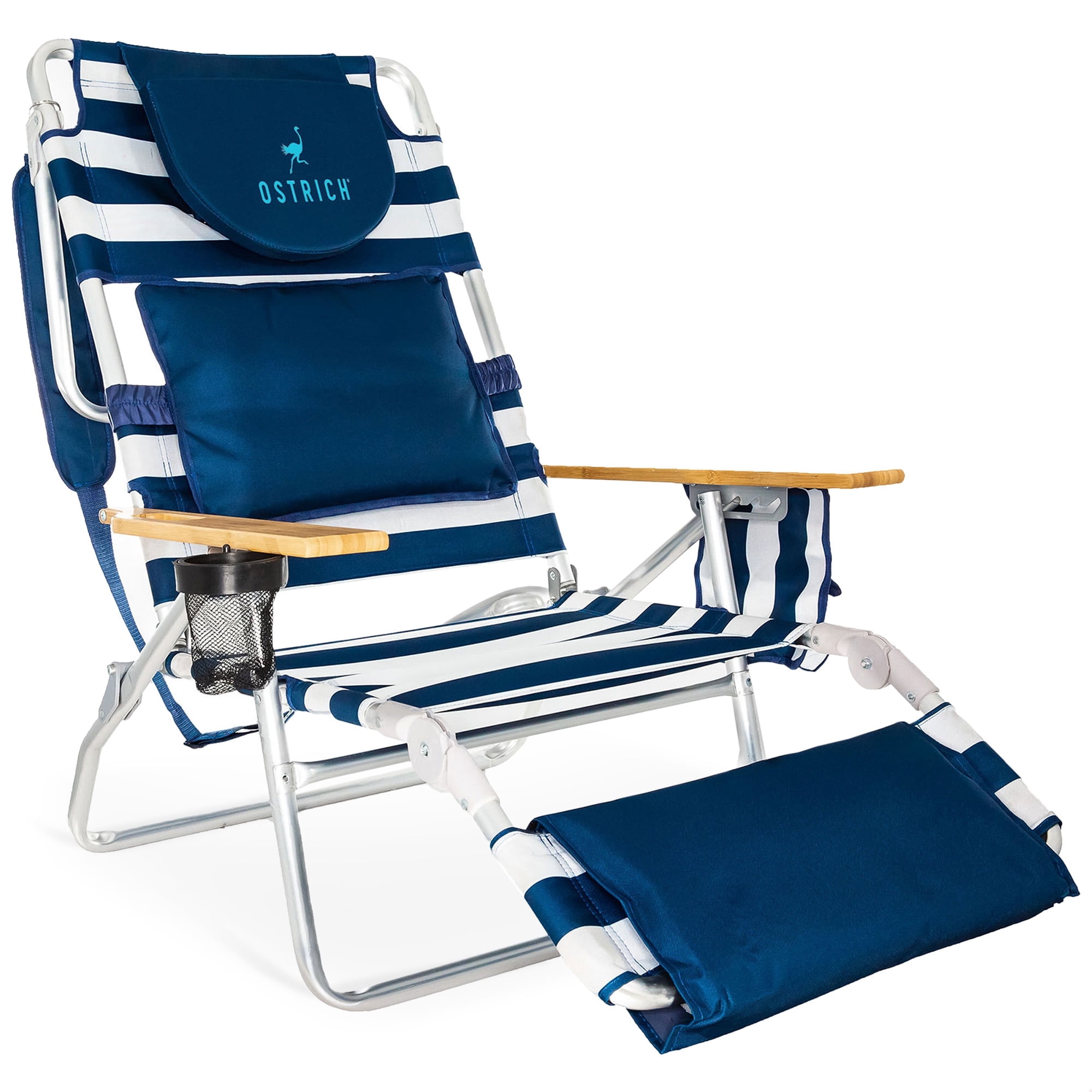 Ostrich The Deluxe 3N1 Lightweight Outdoor Beach Lounge Chair w/Footrest, Blue Stripe