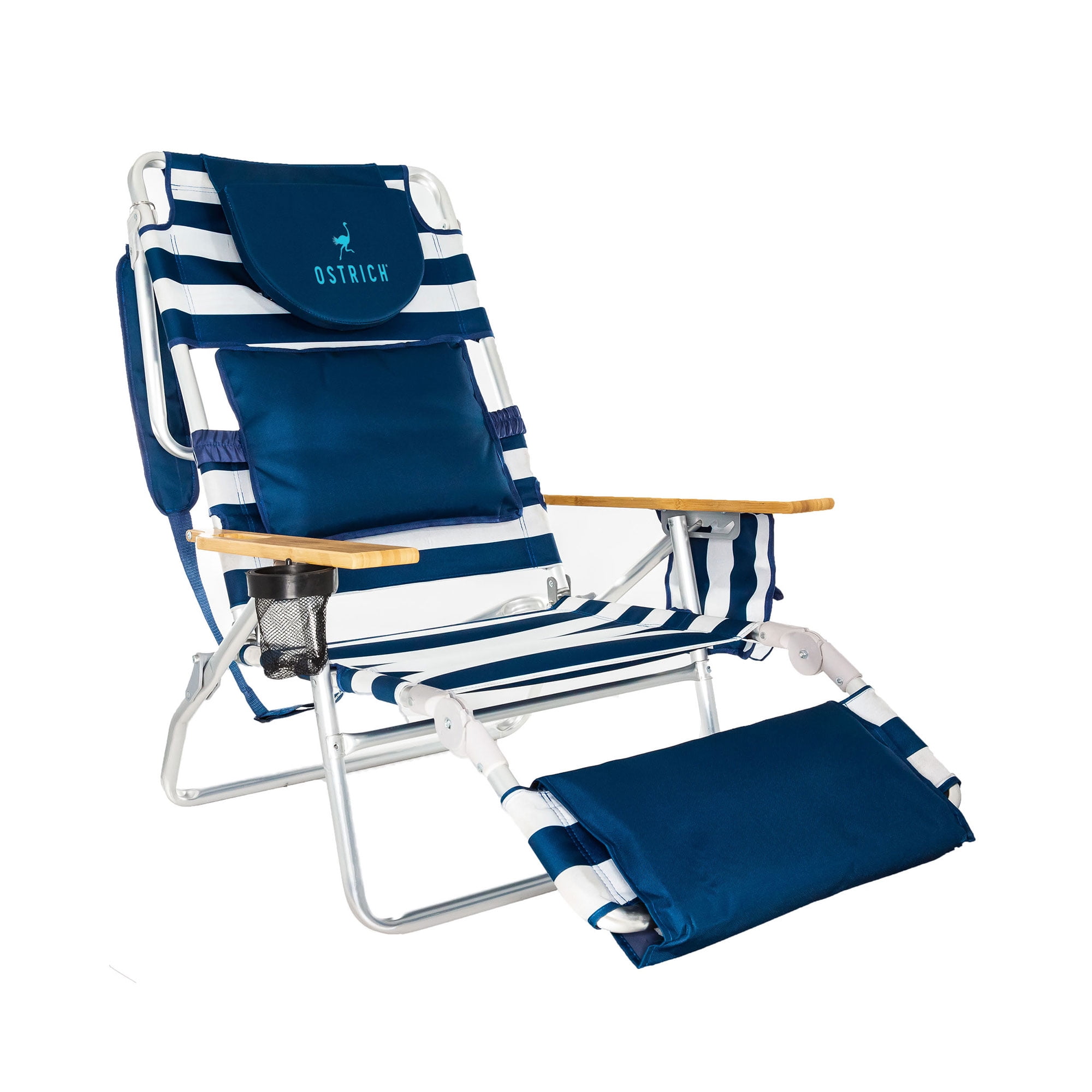 Deluxe Striped Blue Padded Beach Lounge Chair with Footrest