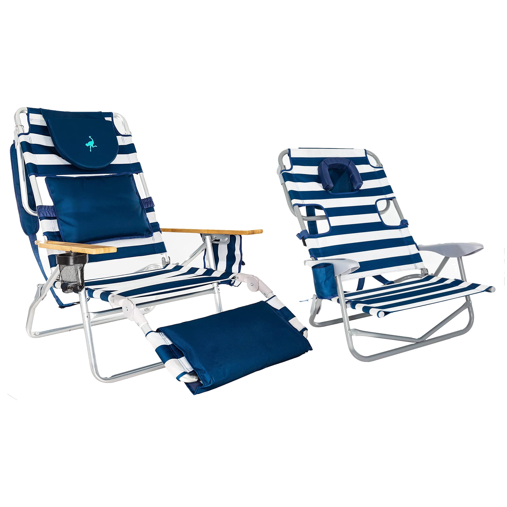 Deluxe Striped Blue Padded Beach Lounge Chair with Footrest
