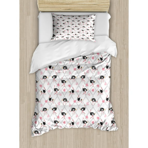 Ostrich Duvet Cover Set, Palm Leaves on a Rhombus Outline Background, Decorative 2 Piece Bedding Set with 1 Pillow Shams, Twin Size, Pale Pink Dark Grey, by Ambesonne