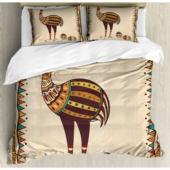 Ostrich Duvet Cover Set Queen Size, Ethnic Ornamental African Animal with Eggs Tribal Effects Traditional Boho Pattern, Decorative 3 Piece Bedding Set with 2 Pillow Shams, Multicolor, by Ambesonne