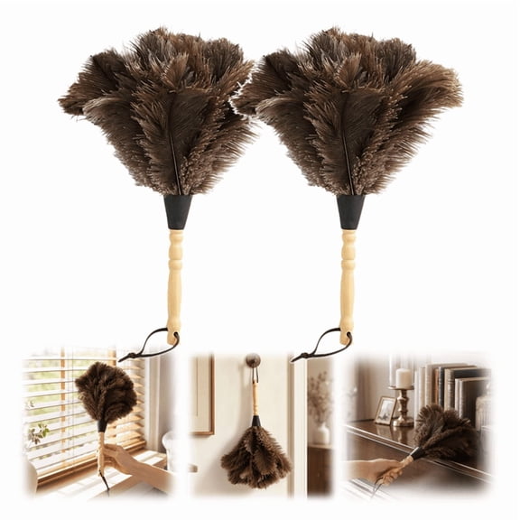 Ostrich Feather Duster, 14 Inch Fluffy Natural Feather Build, Reusable Handheld Cleaning Supply For Home, Office And Vehicle Regular Dusting 2pcs