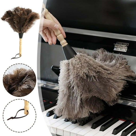 Ostrich Feather Duster, 14 inch Gray Ostrich Feather Duster with Wood Handle, Reusable Car Dusters, Eco-Friendly Handheld Cleaning Dusters for Home, Office and Kitchen
