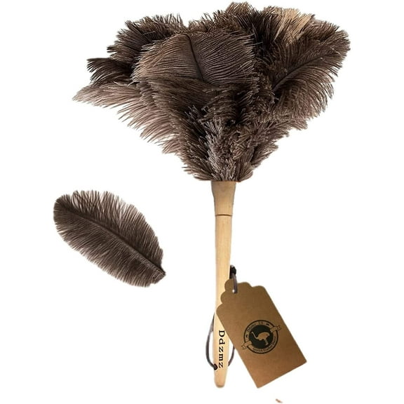 Ostrich Feather Duster for Cleaning-Furniture Dusters with Handle Hand Duster with Fluffy Natural Genuine Feather Reusable Household Duster, Gray and Brown(Length 16")