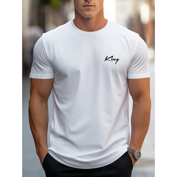 Men's Casual Short Sleeve T-Shirt with KING Print, Classic Crew Neck Tee for Summer