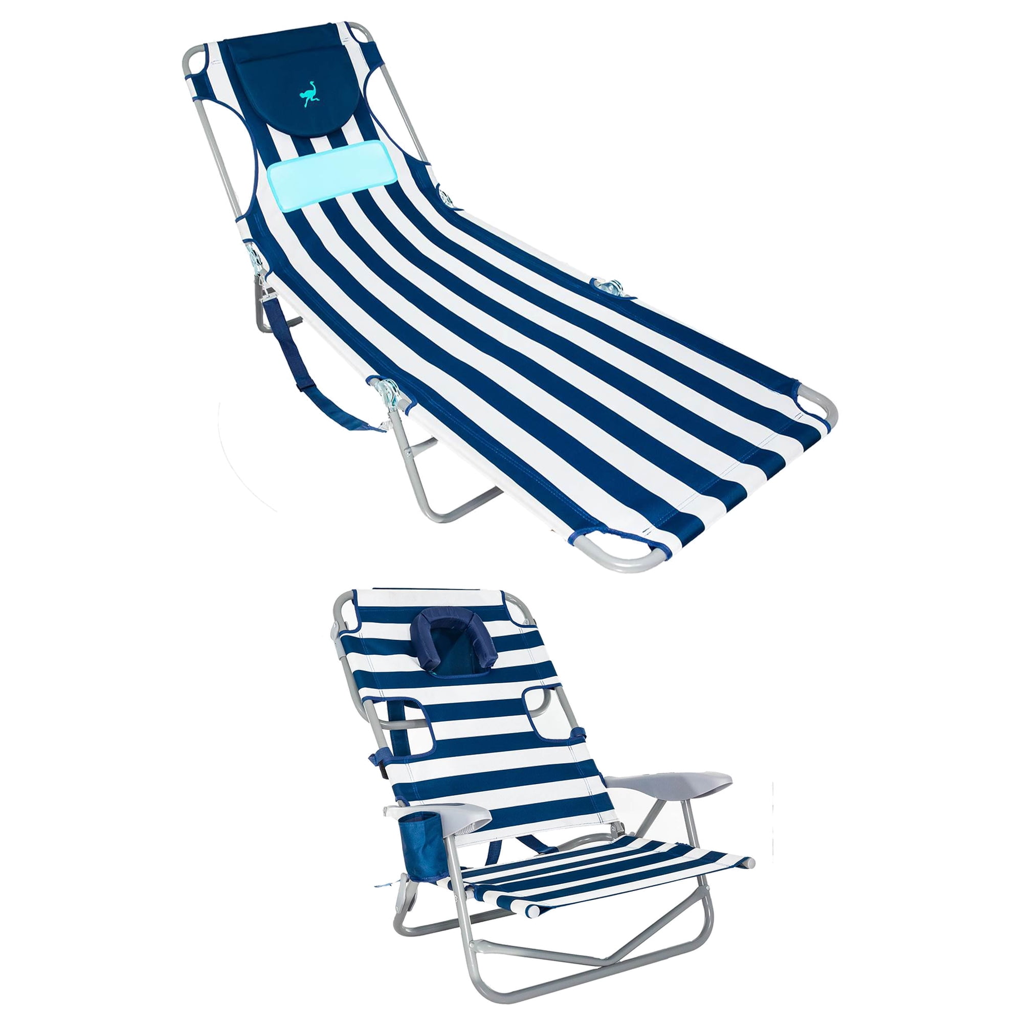 Blue and White Striped Portable Chaise Lounge with Cushions