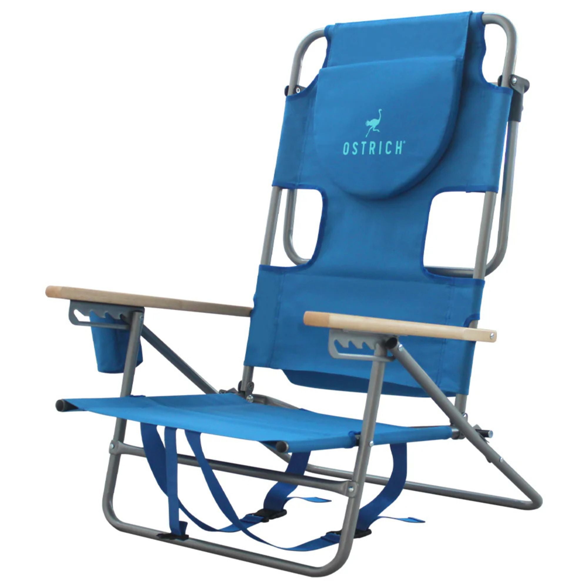 Blue Aluminum Folding Camping Chair with Armrests and Cup Holder