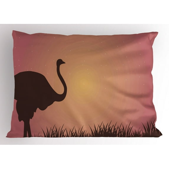 Ostrich Pillow Sham, Camel Bird at Sunset Time on the Hill Meadow Evening Wild Animal Landscape, Decorative Standard Queen Size Printed Pillowcase, 30 X 20 Inches, Dried Rose Eggplant, by Ambesonne