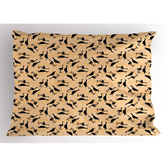 Ostrich Pillow Sham, Exotic Mexican Desert Wild Birds and Penguin Silhouette Humor Caricature Animals, Decorative Standard Queen Size Printed Pillowcase, 30 X 20 Inches, Peach Black, by Ambesonne