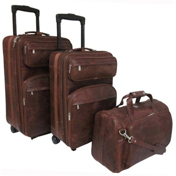 Ostrich Print Leather Traveler Set, Brown - 3 Piece