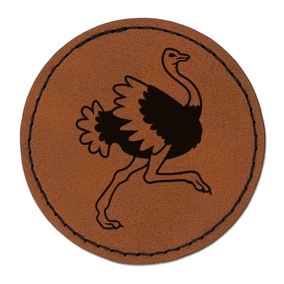 Ostrich Running 2.5" Faux Leather Round Engraved Iron-On Patch - Brown