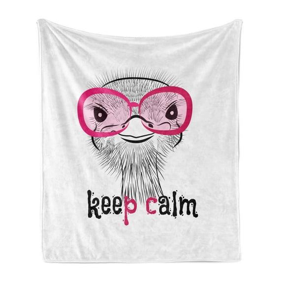 Ostrich Soft Flannel Fleece Blanket, Hipster Animal with Glasses and Keep Calm Message Retro Fashion Illustration, Cozy Plush for Indoor and Outdoor Use, 70" x 90", White Black Pink, by Ambesonne