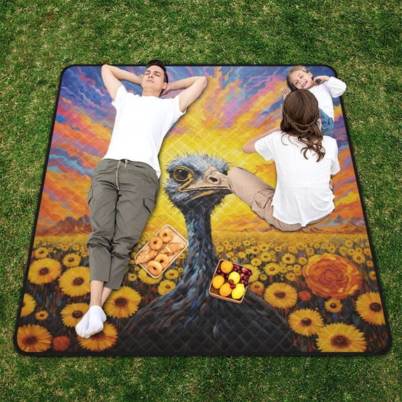 Ostrich Sunflowers Mountains Beach Blanket Outdoor Picnic Blanket 78"x 78" Waterproof Foldable for Beach Camping Travel Hiking Grass Lawn Park
