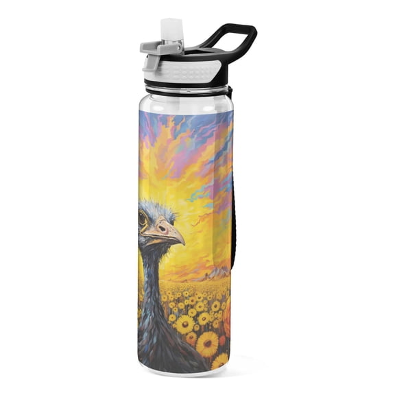 Ostrich Sunflowers Mountains Sports Water Bottle Portable Travel Mug 32oz BPA Free Leak Proof Straw Transparent Tritan for Gym Yoga Cycling Camping