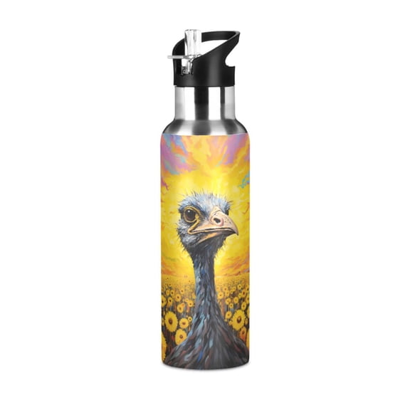 Ostrich Sunflowers Mountains Sports Water Bottle with Straw Lid Insulated Stainless Steel Leak Proof BPA Free Thermal Mug with Handle for Gym Yoga Cycling Camping