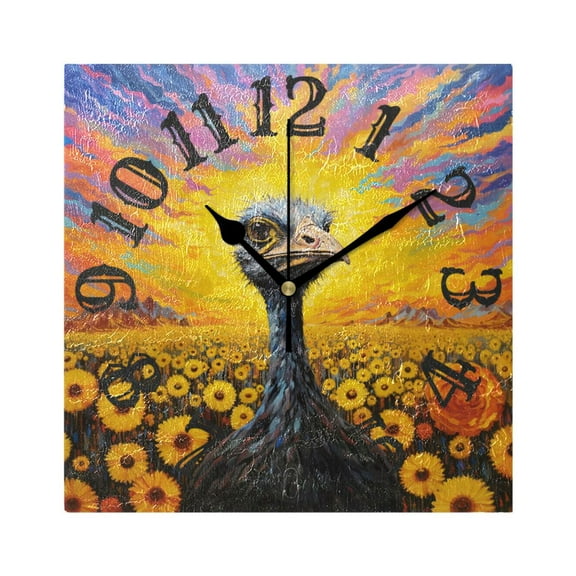 Ostrich Sunflowers Mountains Wall Clock Square Silent Non Ticking Battery Operated Clock for Home Bathroom Kitchen Bedroom Living Room