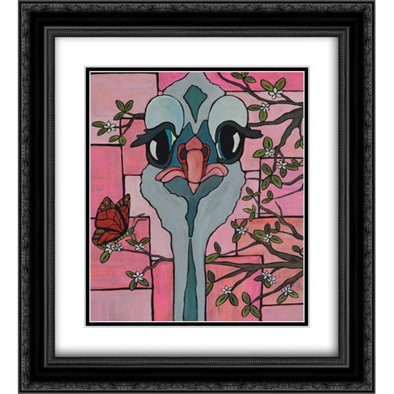 Ostrich and Butterfly 2x Matted 20x22 Black Ornate Framed Art Print by Welsh, Shanni