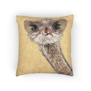 Ostrich in Red Heart-Shaped Sunglasses on Yellow Decorative Woven Pillow, 17 x 18 in, Cotton-Polyester Shell