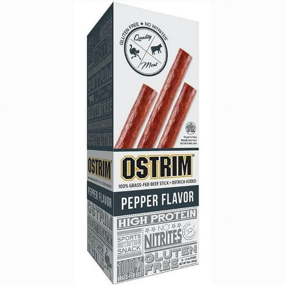 Ostrim Beef & Ostrich Snack Stick, Pepper, Pack of 10, 1.5 oz sticks