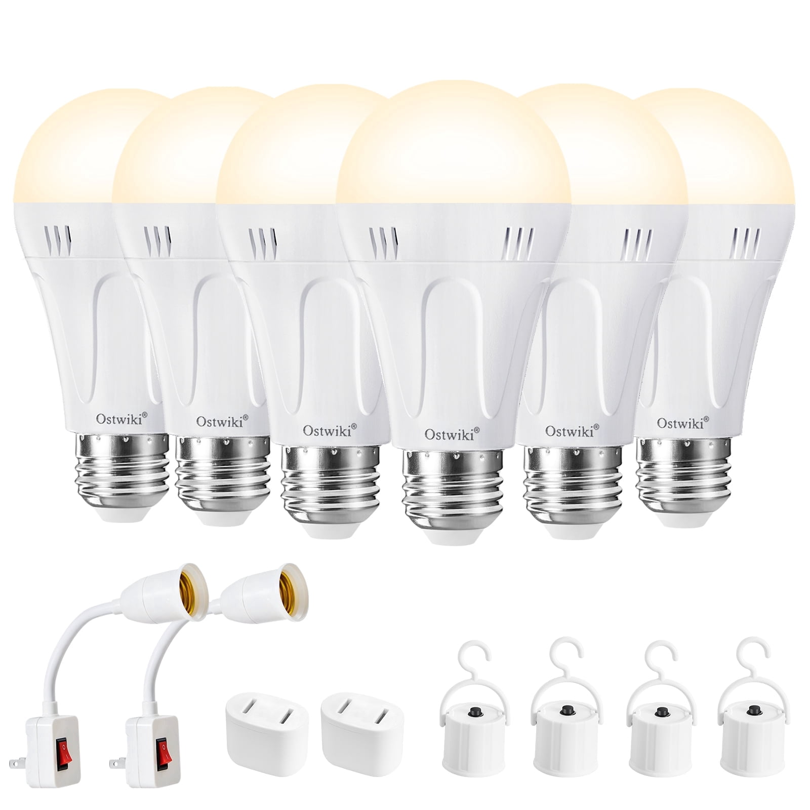 Ostwiki 6 Pack Battery Operated Light Bulb,Emergency Light Bulbs for Power Outage,A19 E26 9W 1200mAh 3000K Warm Rechargeable LED Light Bulbs for Home Lamps，Outdoor Activity,Hurricane,Blizzard,Camping