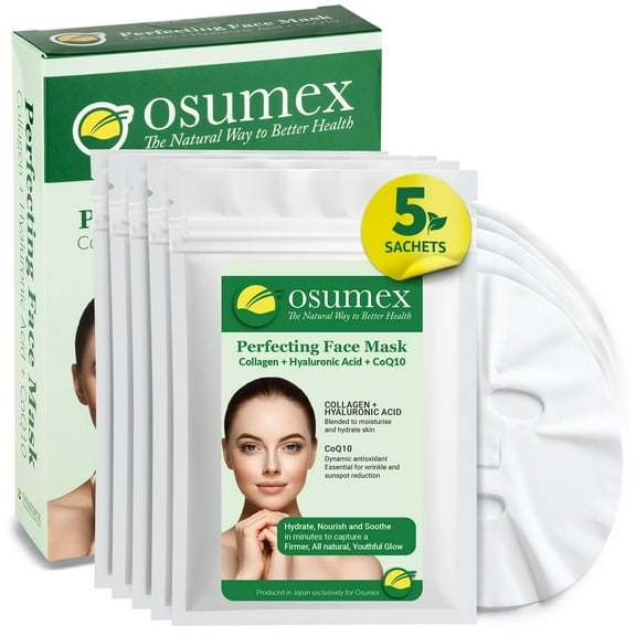 Osumex Perfecting Face Mask 5 Pack (New and Improved Formula) - Hydrating Collagen Face Masks, Moisturizing Face Mask, Sheet Face Masks, Anti Aging for Dry Skin, Sheet Masks Skincare